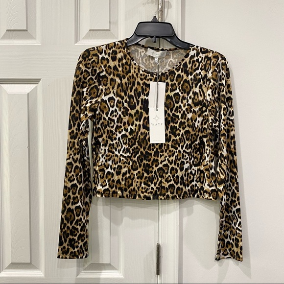 NWT Wayf Leopard Print Crew Neck Long Sleeves Crop Top Tan/Black Size Medium M - Picture 4 of 10